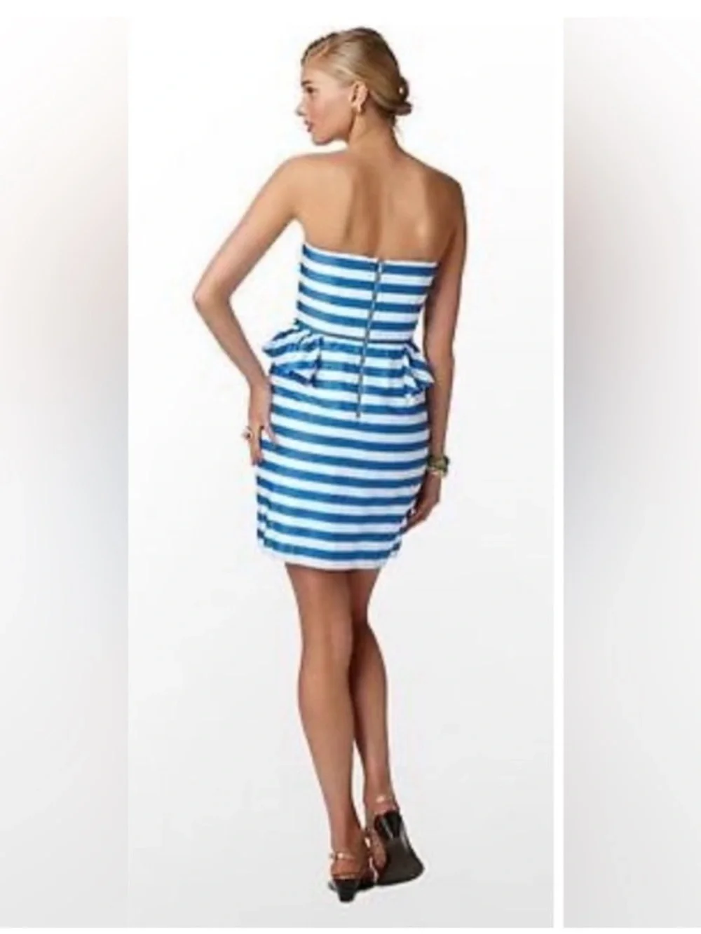 Lilly Pulitzer Blue and White Strapless Peplum Sheath Dress - Picture 2 of 7